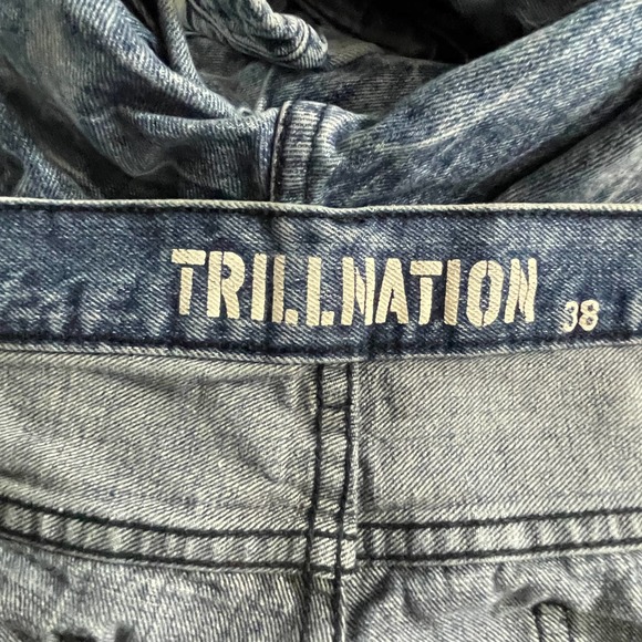 Trillnation Mens Jeans 38 Blue Denim Distressed Zipper Accents Skinny Acid Wash - Picture 7 of 14